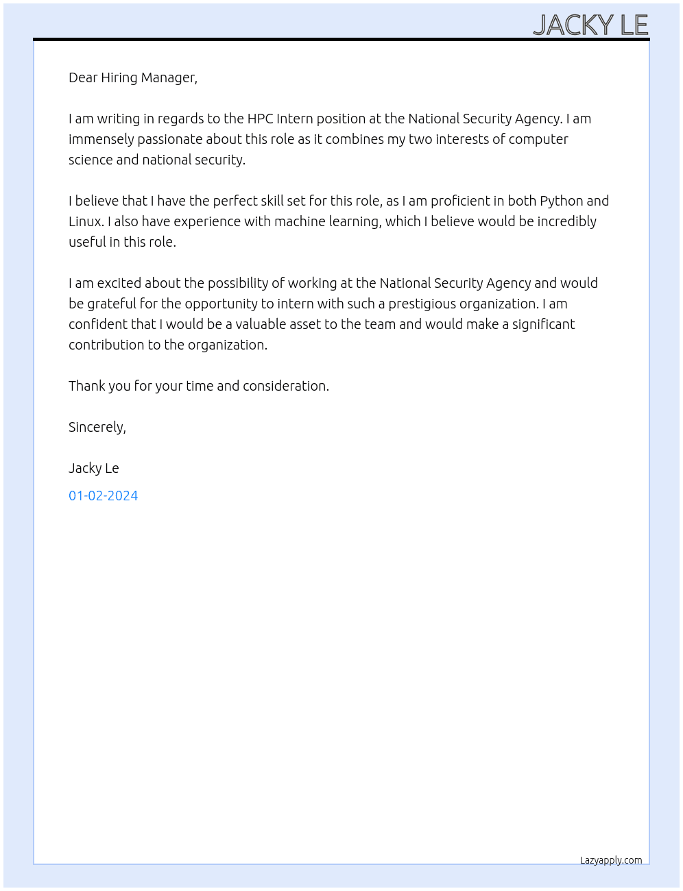 HPC Intern At National Security Agency Cover Letter