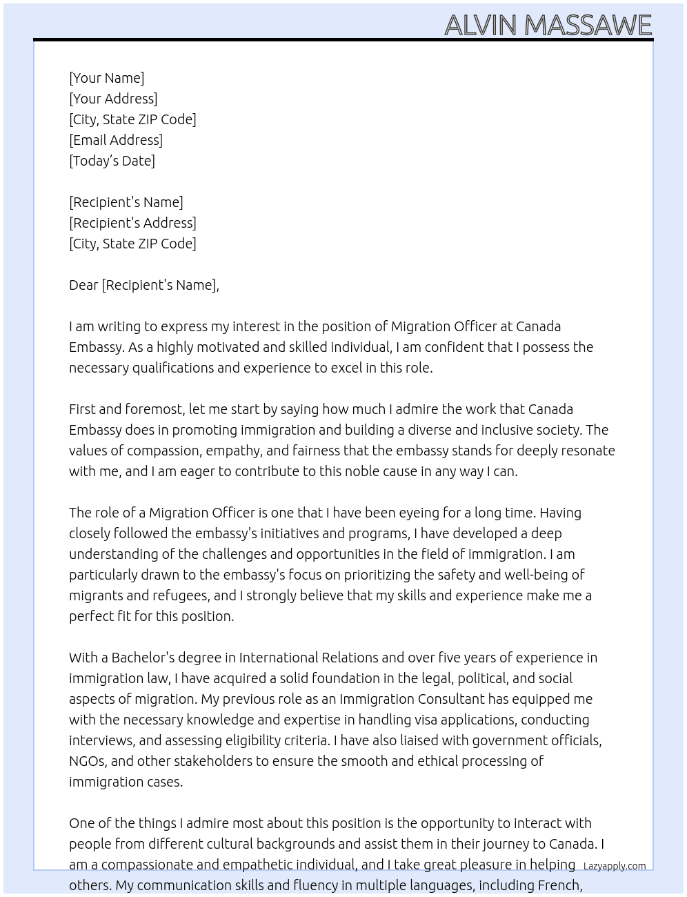 Migration Officer At Canada Embassy  Cover Letter