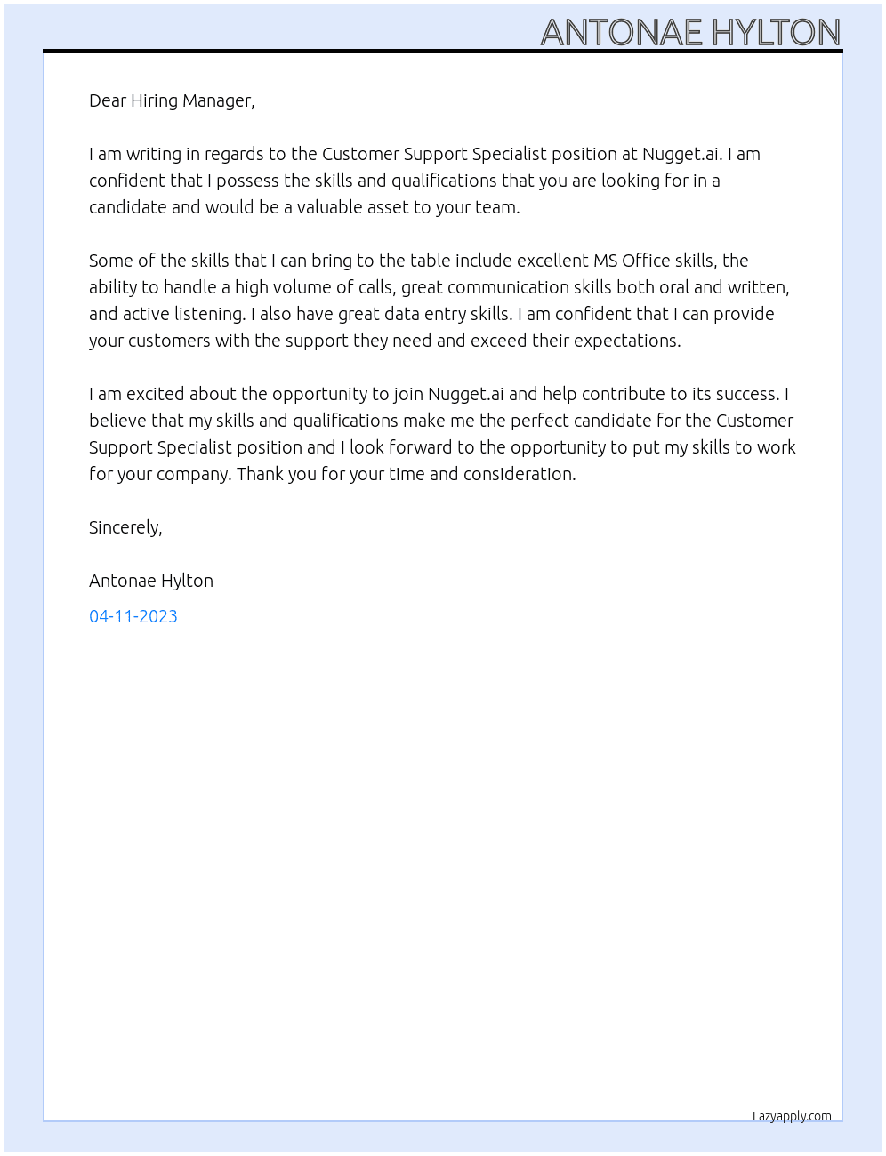 Customer Support Specialist At Nugget.ai Cover Letter