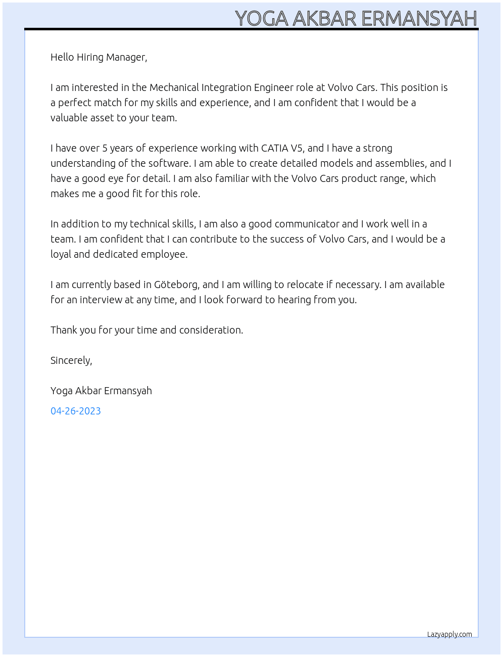 Mechanical Integration Engineer At Volvo Cars Cover Letter
