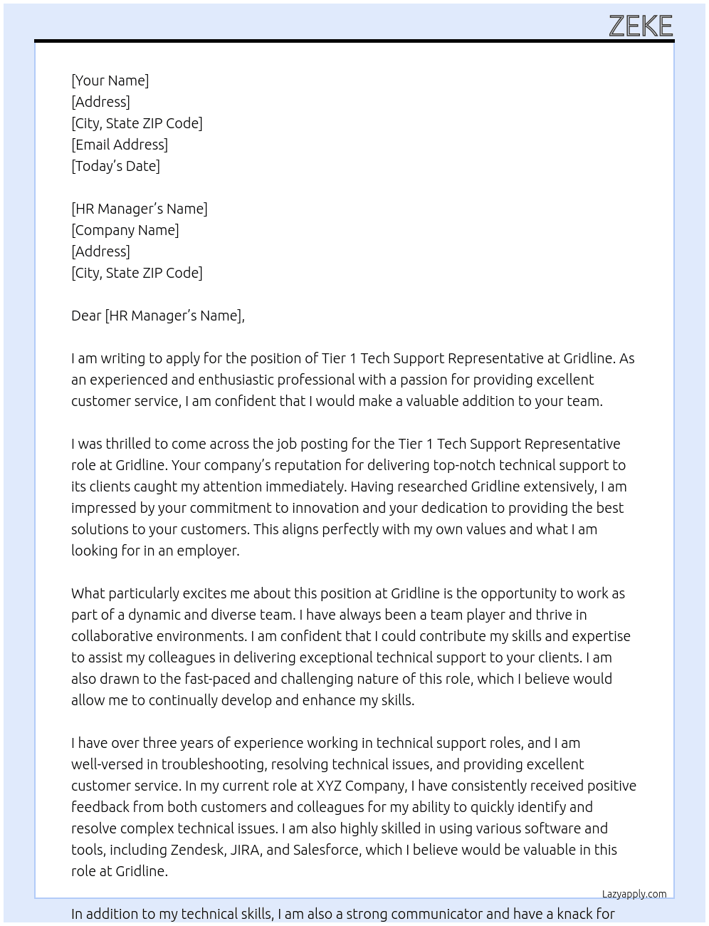 Tier 1 Tech Support Representative At Gridline Cover Letter