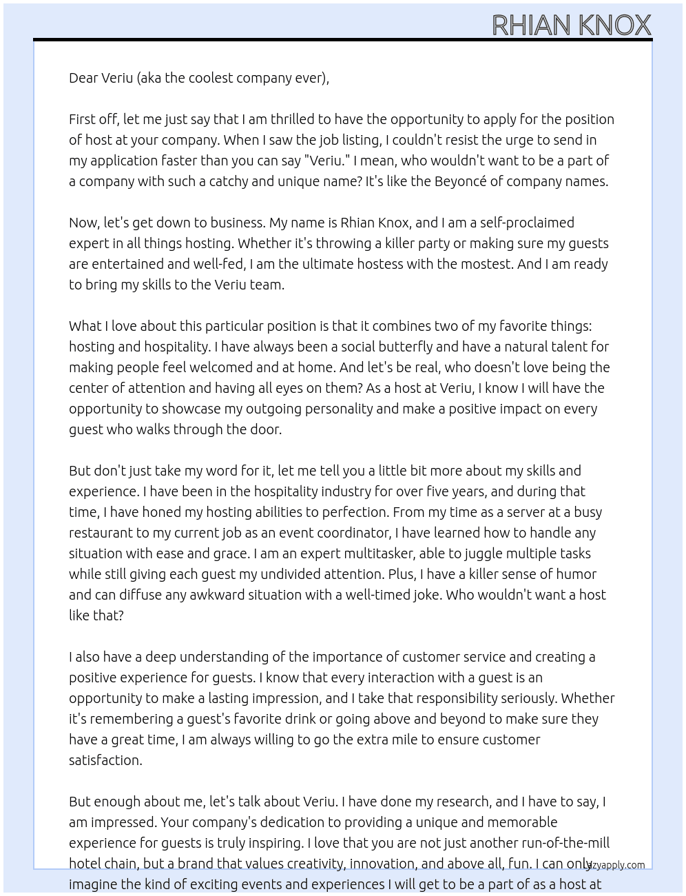 host At Veriu Cover Letter