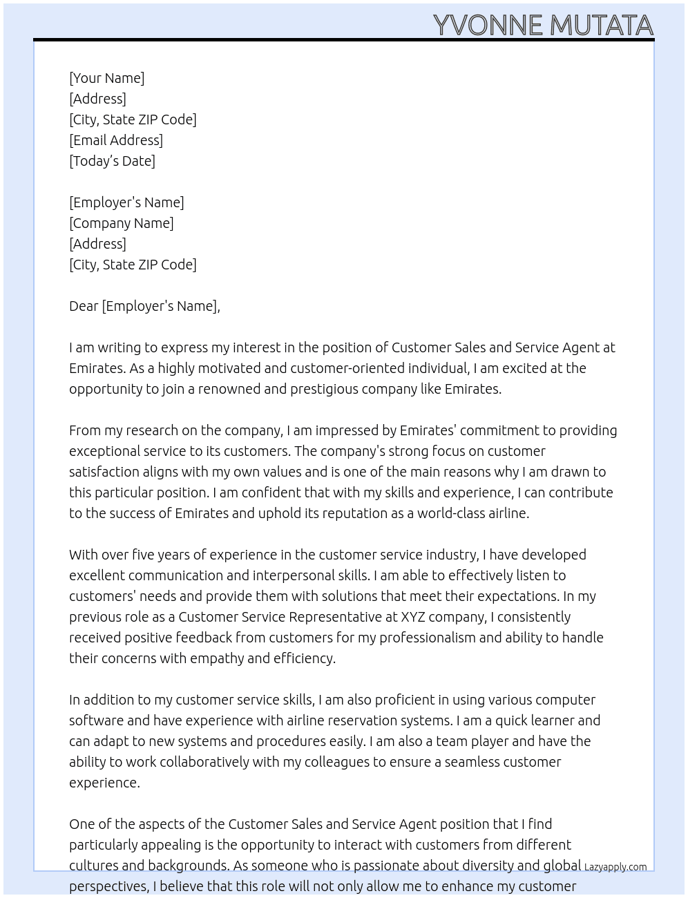 customer sales and service agent At emirates Cover Letter