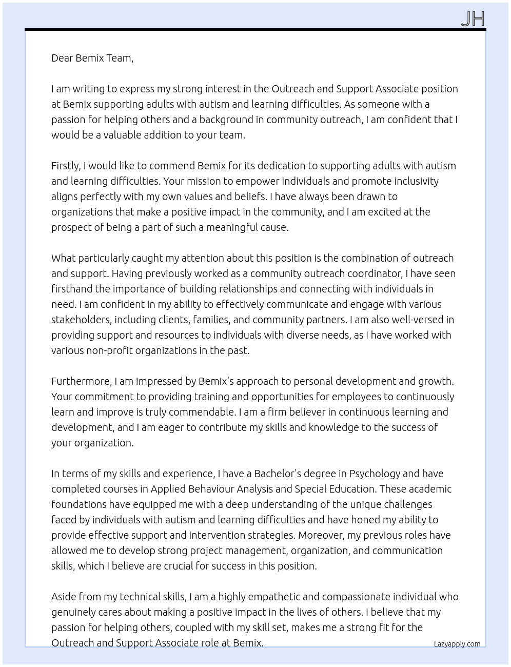 outreach and support associate At bemix supporting adults with autism  and learning difficulties Cover Letter