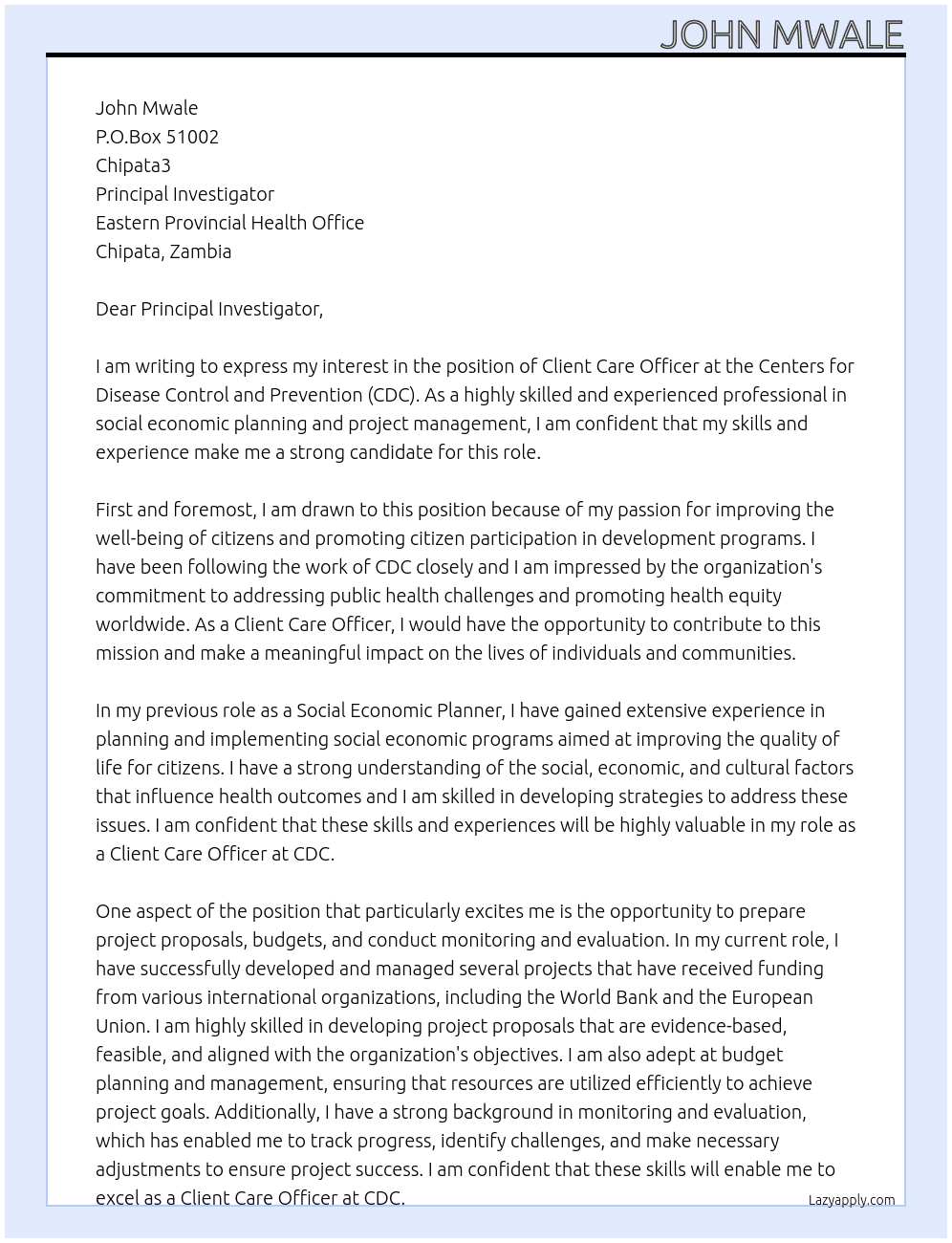 Client Care Officer At CDC Cover Letter