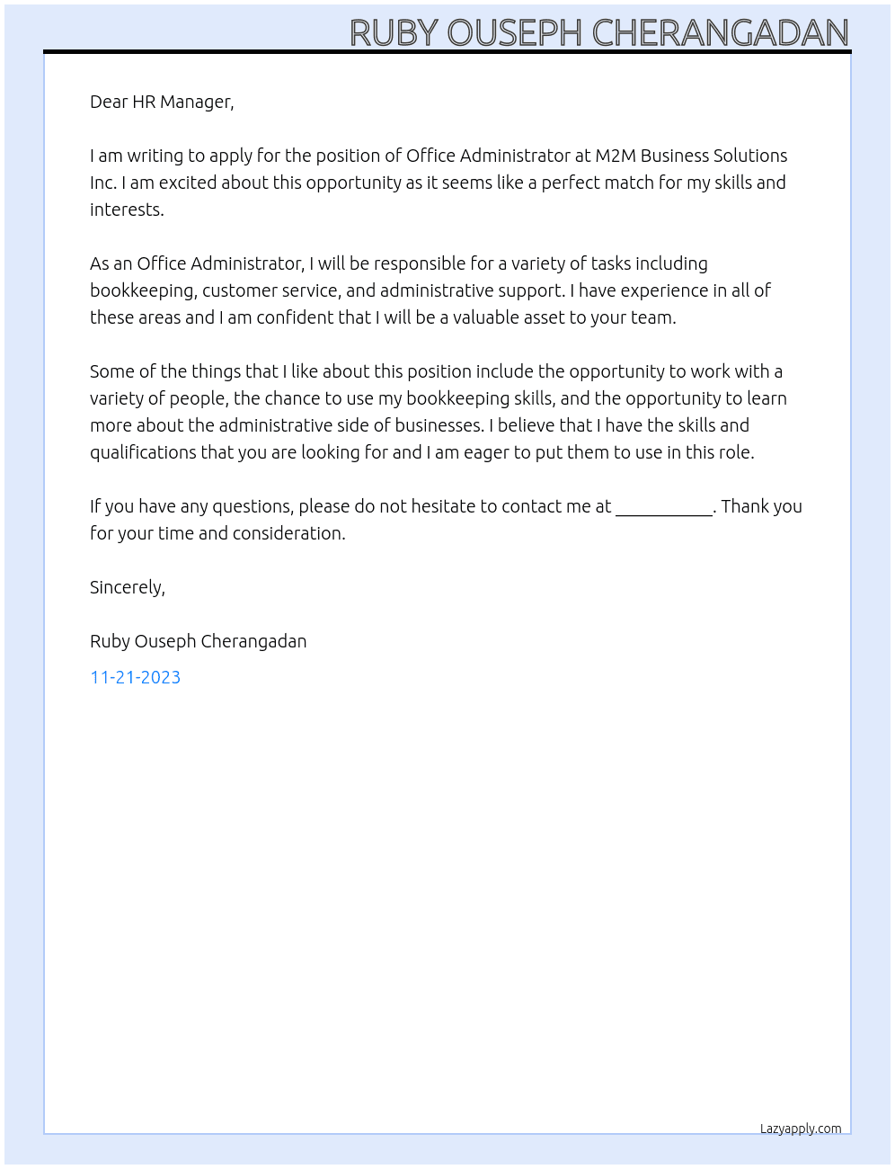 OFFICE ADMINISTRATION At  M2M Business Solutions Inc. Cover Letter