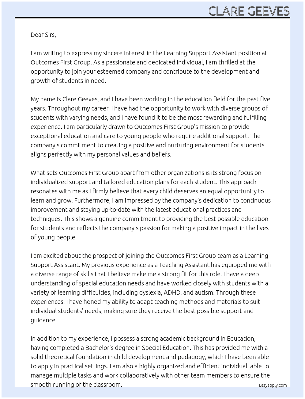 Learning Support Assistant At Outcomes First Group Cover Letter
