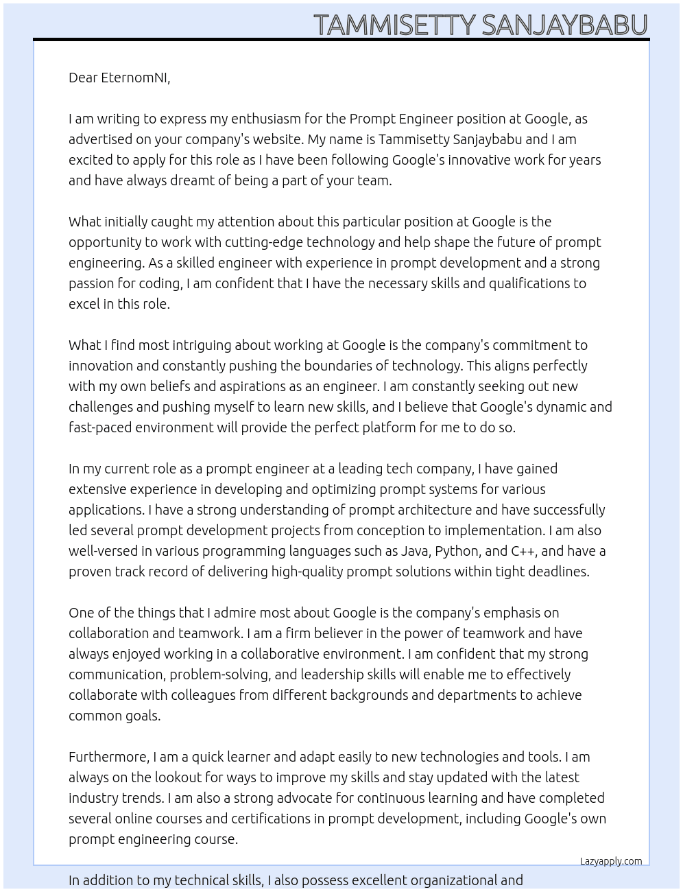 Prompt engineer At google Cover Letter