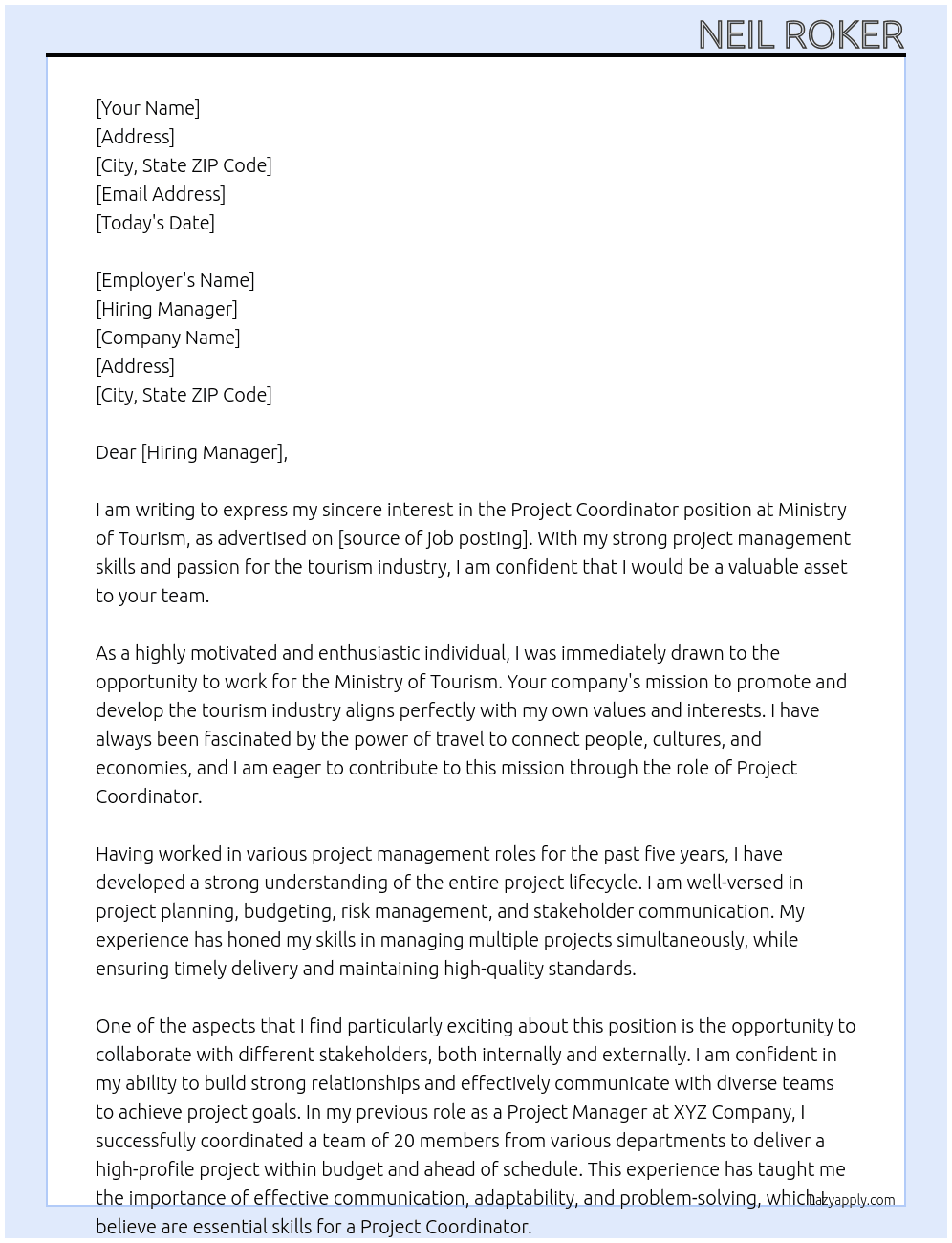 Project Coordinator  At Ministry Of Tourism  Cover Letter