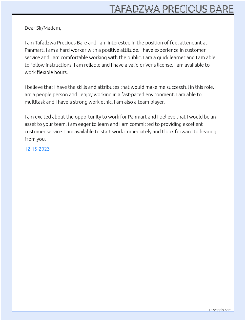 Fuel attendant  At Panmart Cover Letter