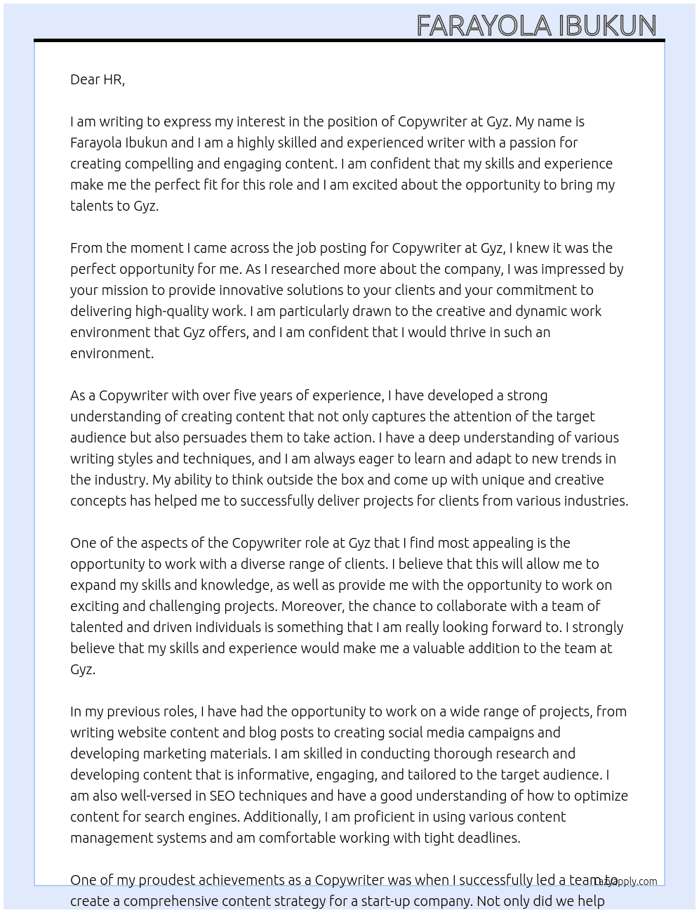 Copywriter  At Gyz Cover Letter