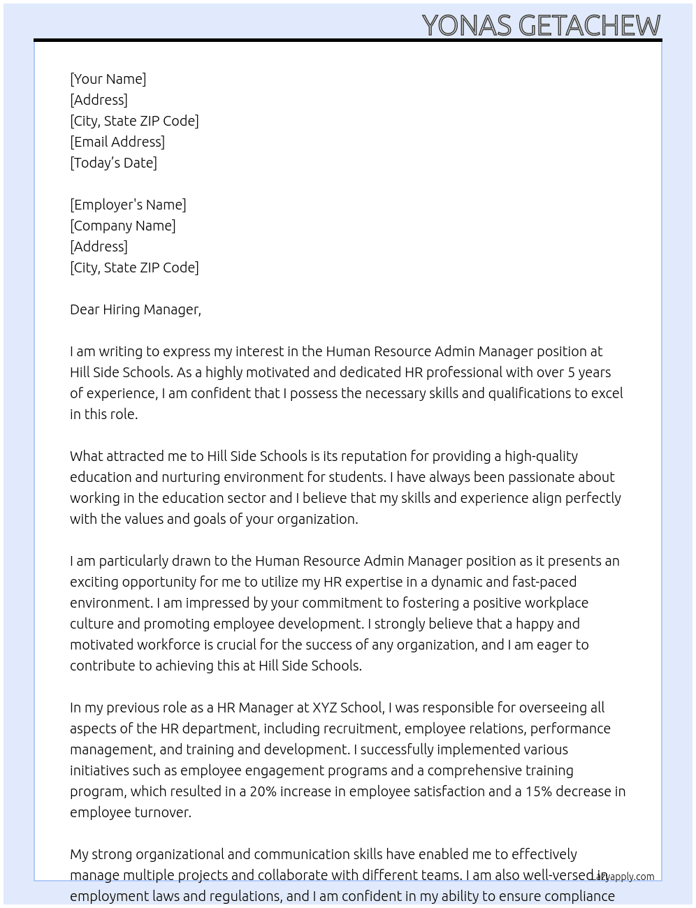 Human Resource Admin Manager At Hill Side Schools Cover Letter