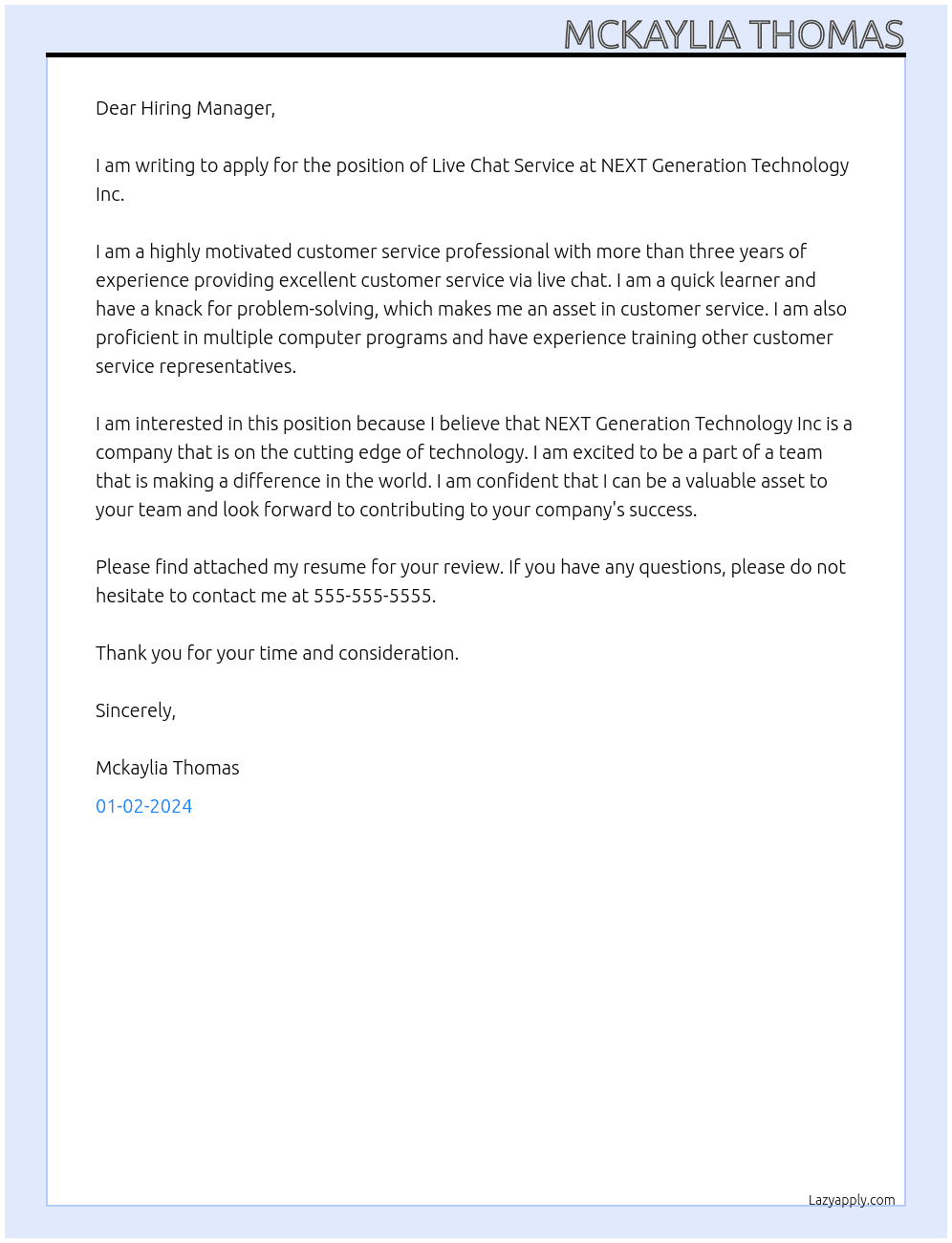 Live Chat Service At NEXT Generation Technology Inc Cover Letter
