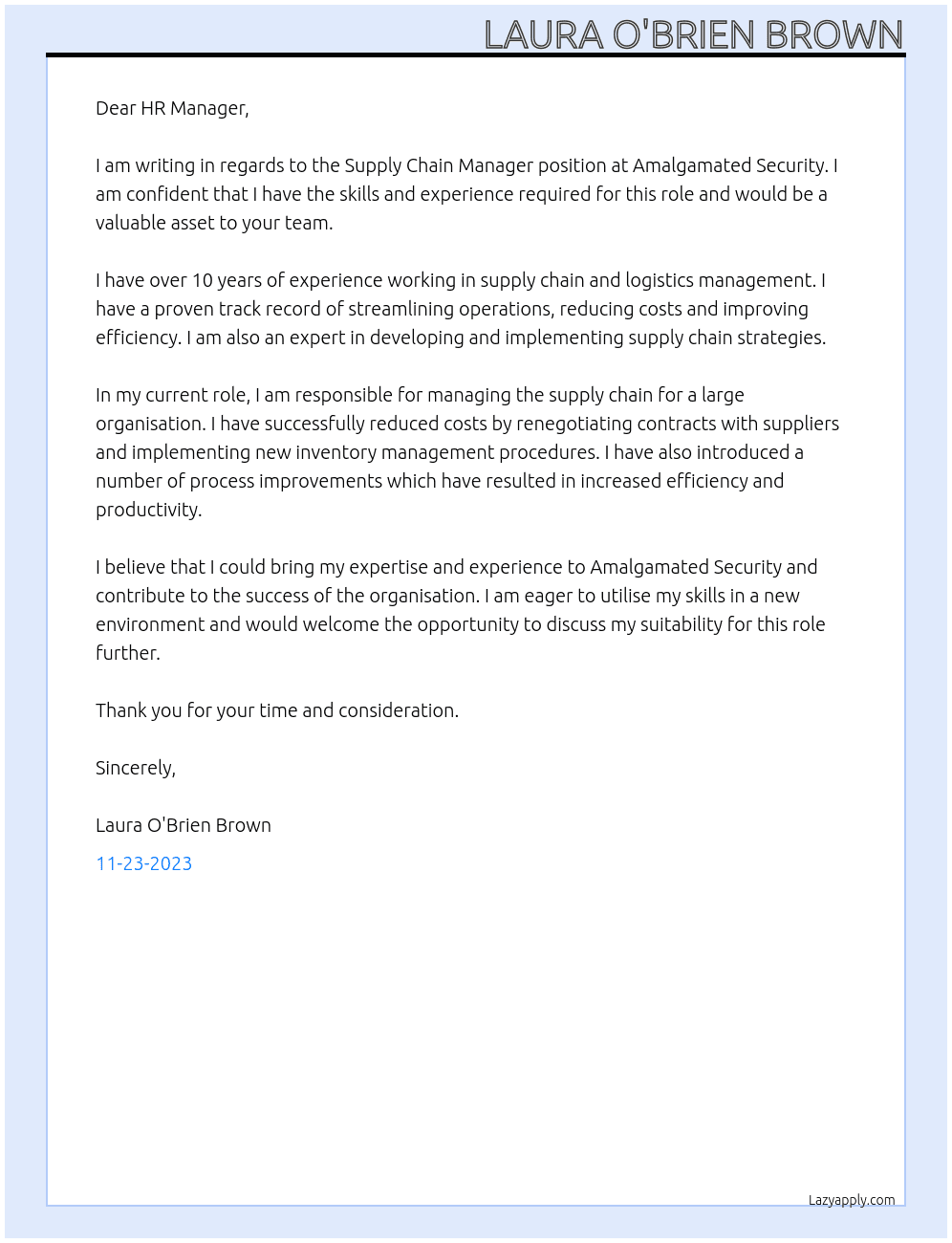 Supply Chain Manager  At Amalgamated Security  Cover Letter