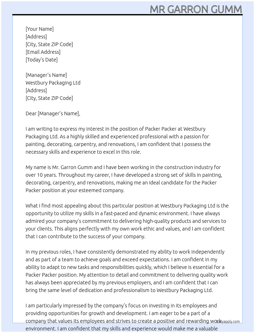 Pocker packer At Westbury packaging ltd Cover Letter
