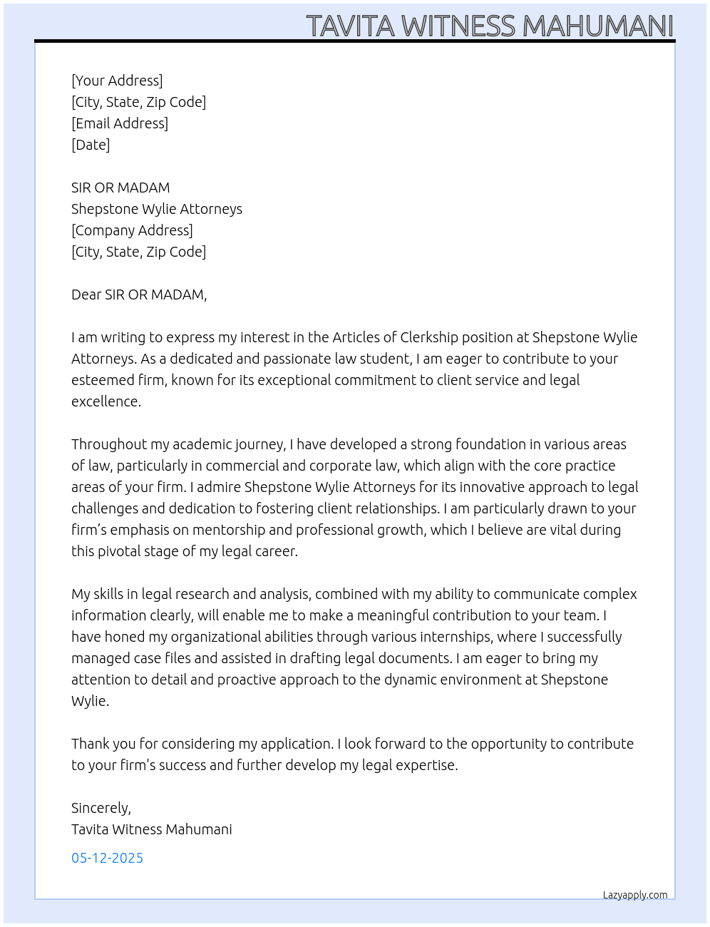 Cover letter for articles of clerkship - LazyApply