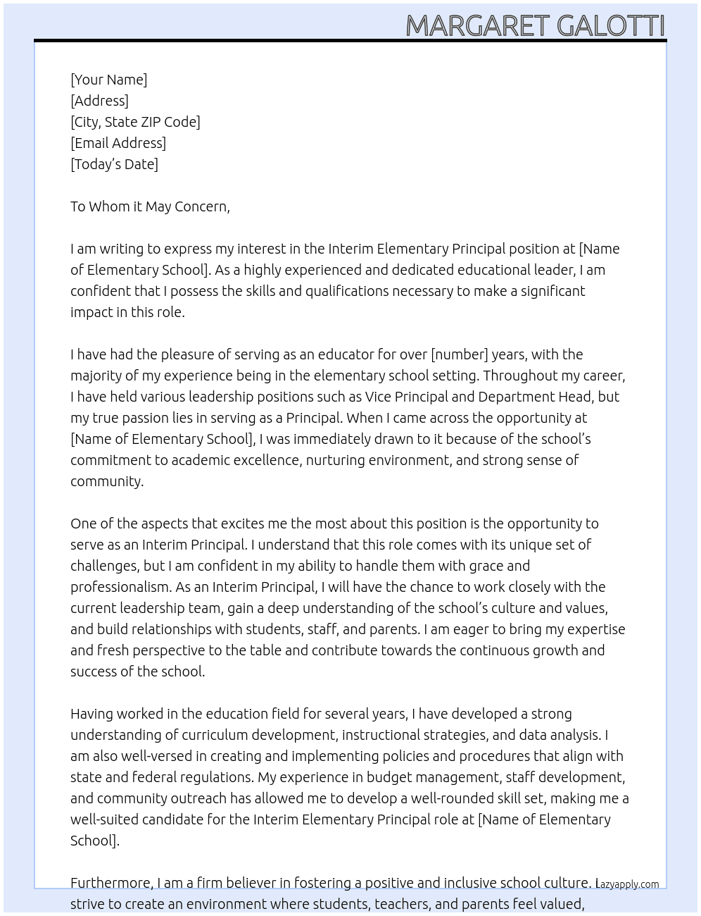 Interim Elementary Principal At elementary school Cover Letter