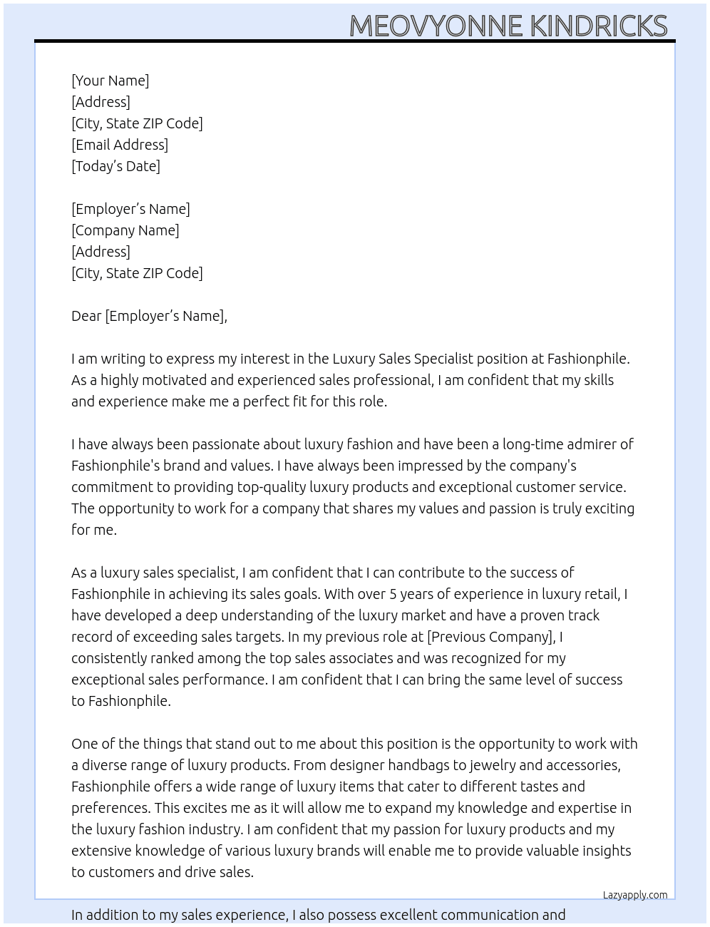 Luxury sales specialist  At Fashionphile Cover Letter