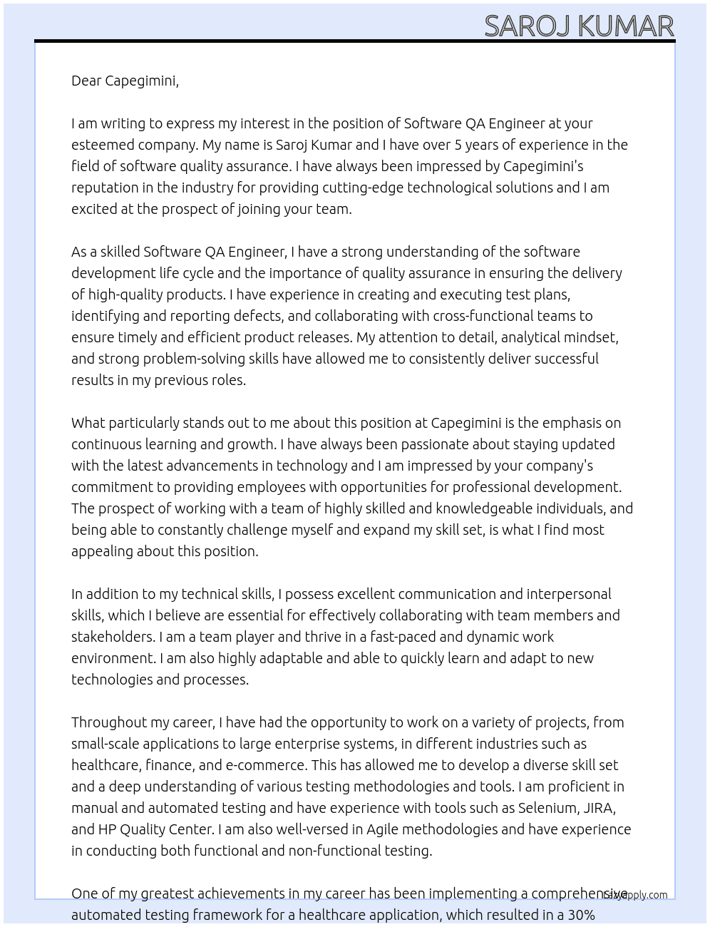 Software QA Engineer At Capegimini Cover Letter