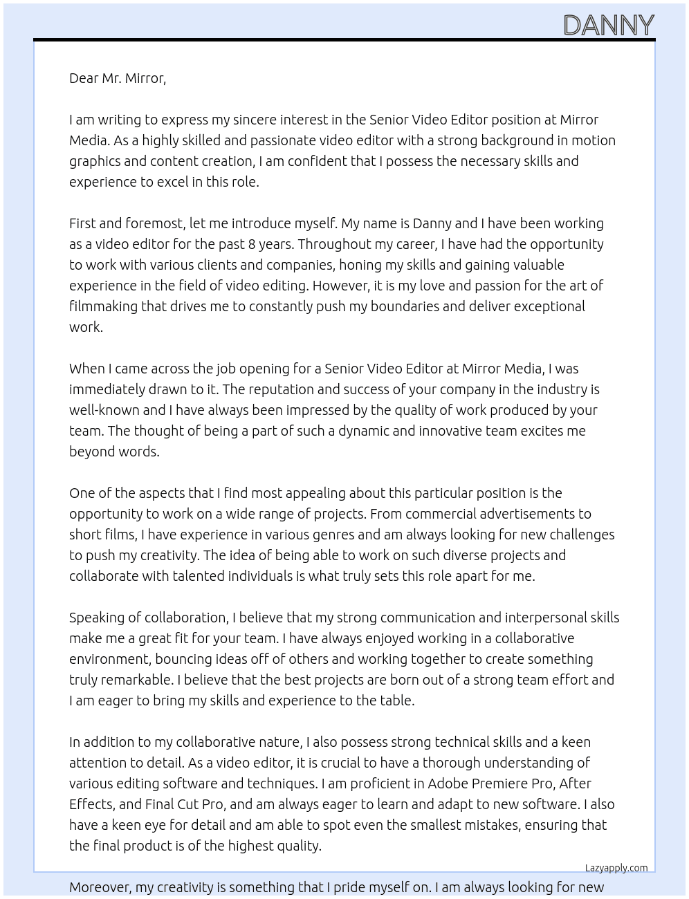 video editor At Mirror Media Cover Letter