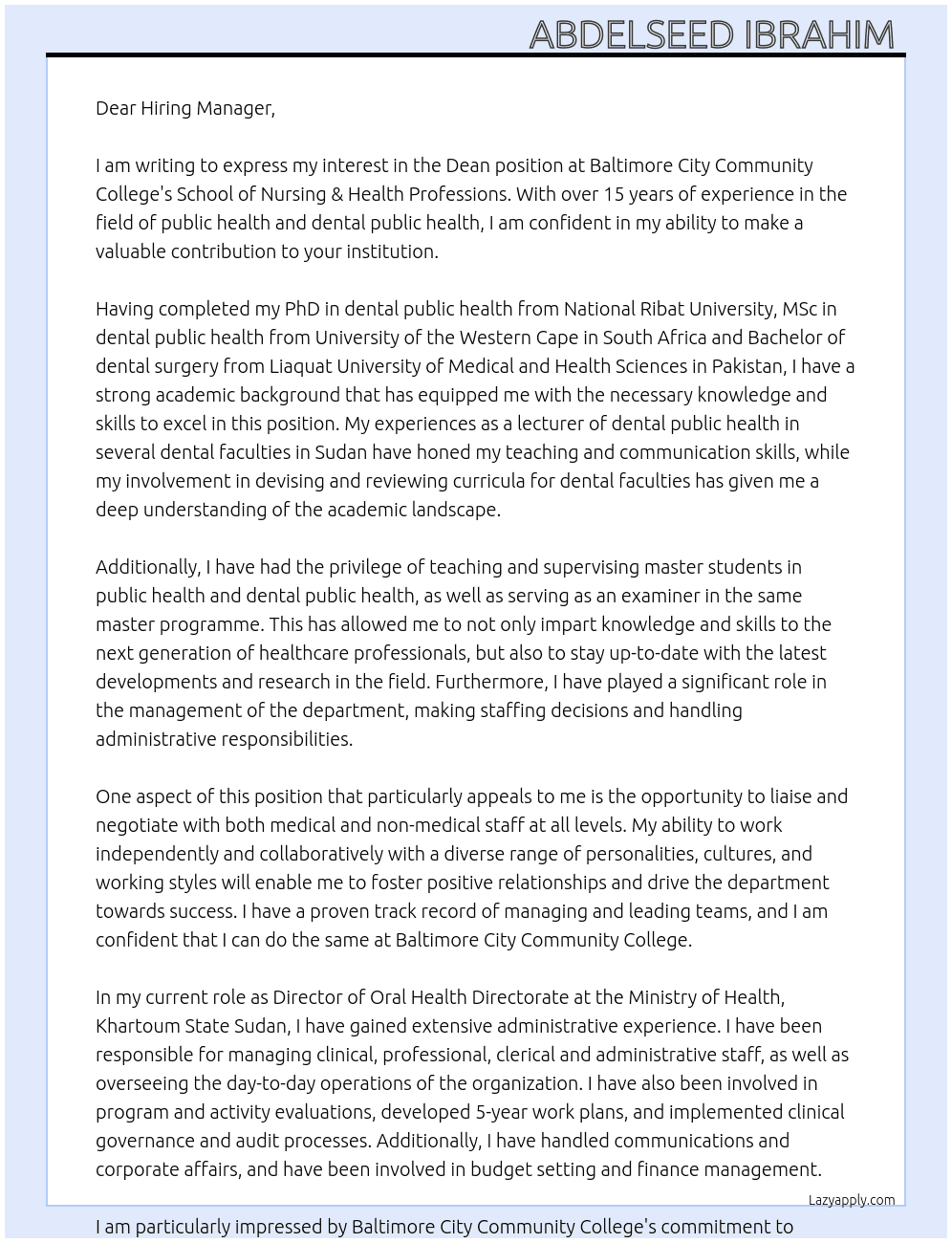 Dean- School of Nursing & Health Professions At Baltimore City Community College  Cover Letter