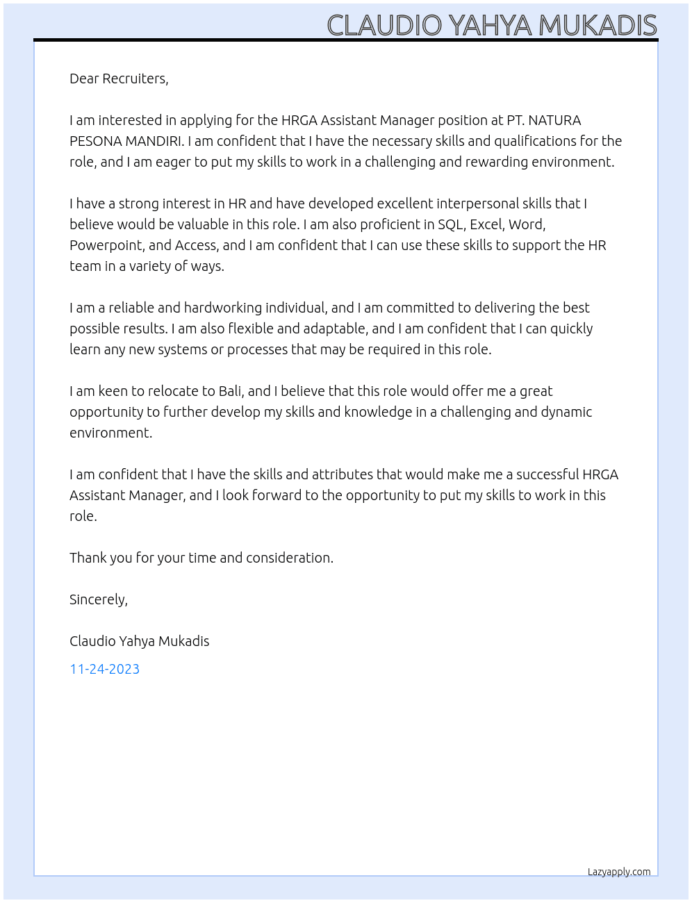 HRGA Assistant  Manager  At PT. NATURA PESONA MANDIRI Cover Letter