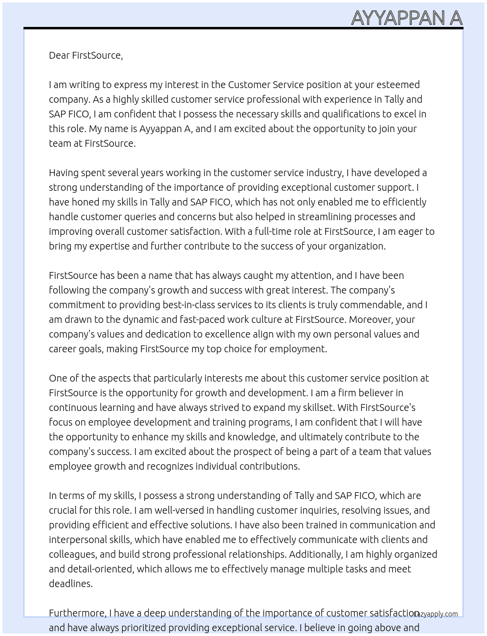 Customer service  At FirstSource Cover Letter