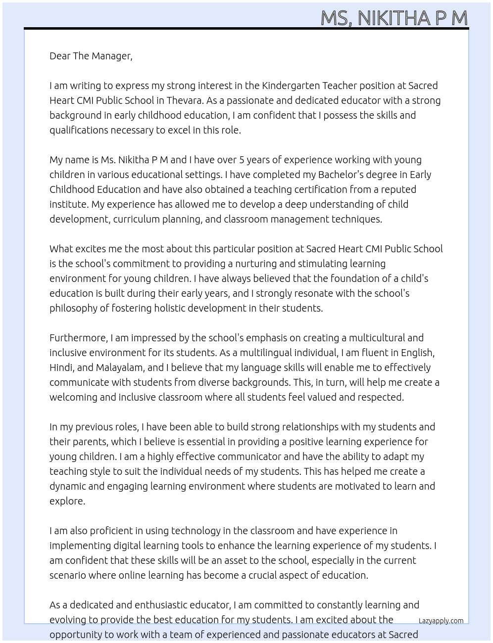 Kindergarten Teacher At Sacred Heart CMI Public School, Thevara Cover Letter