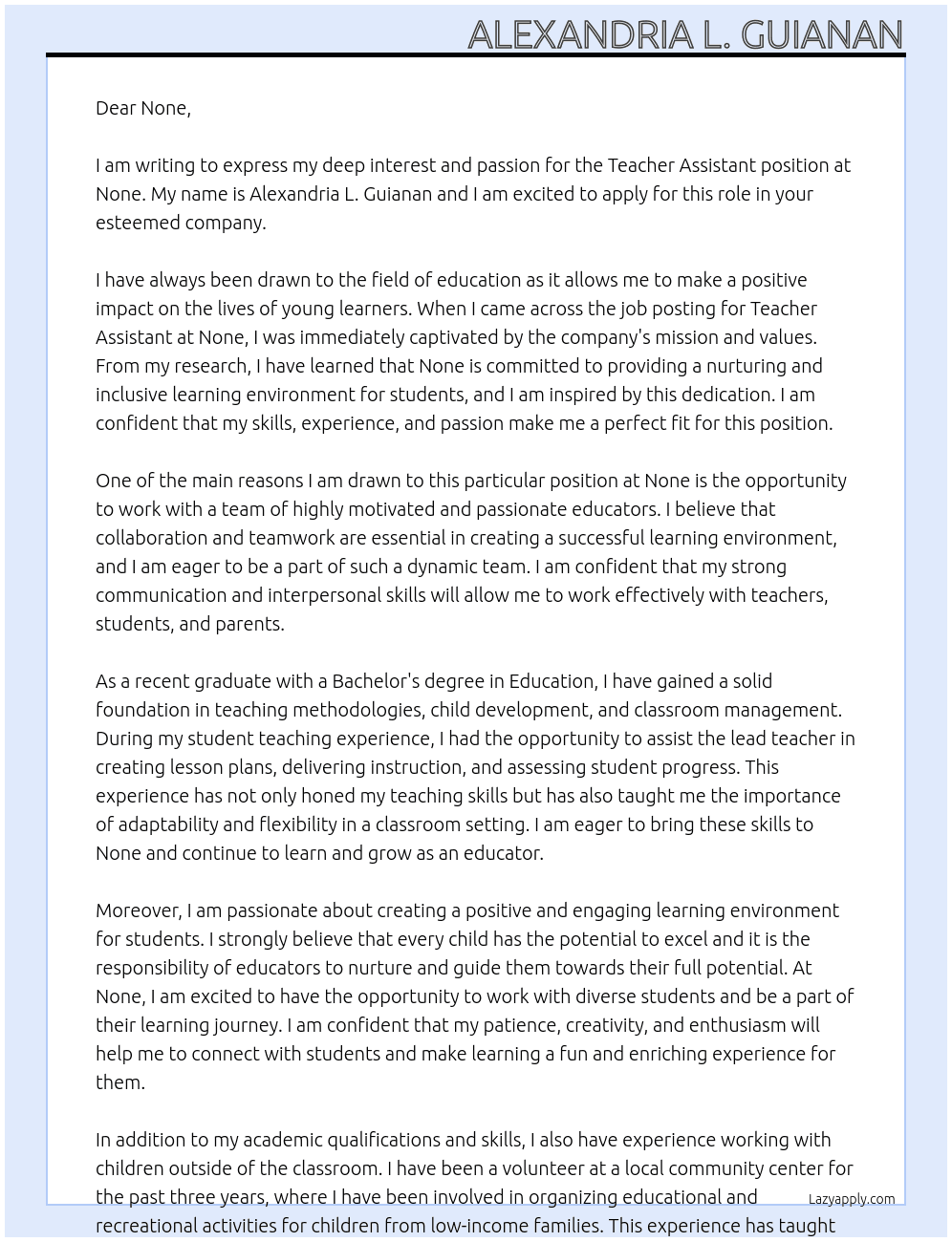 Teacher Assitant At None Cover Letter