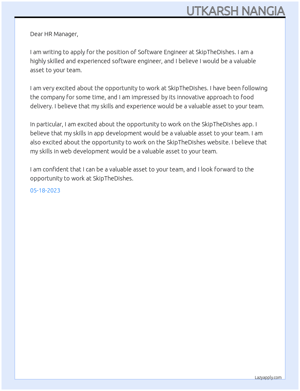 Software Engineer  At SkipTheDishes Cover Letter