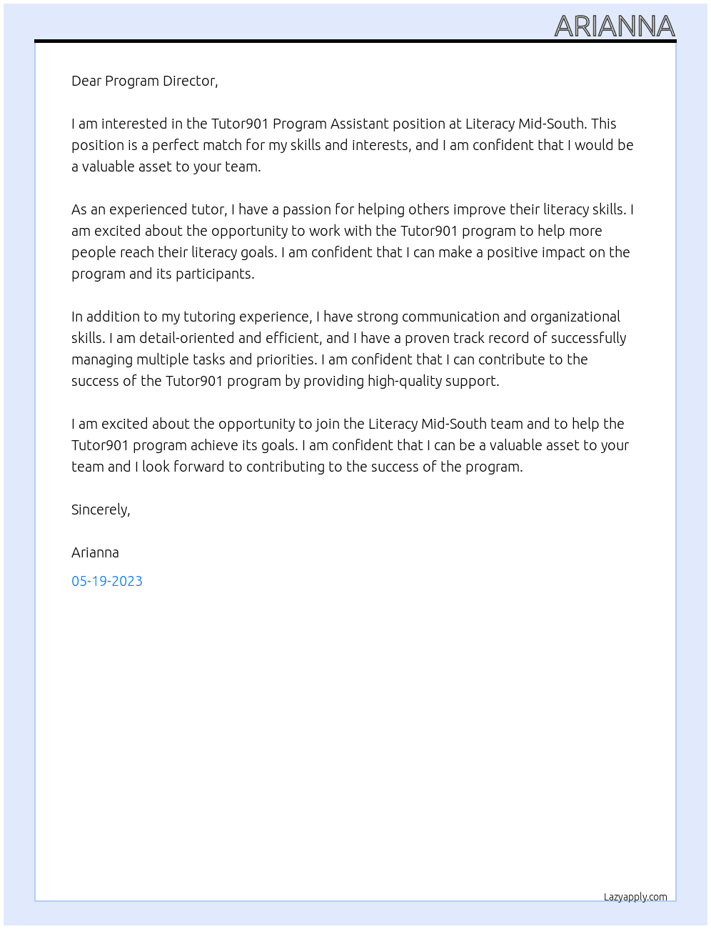 Tutor901 Program Assistant  At Literacy Mid-South Cover Letter