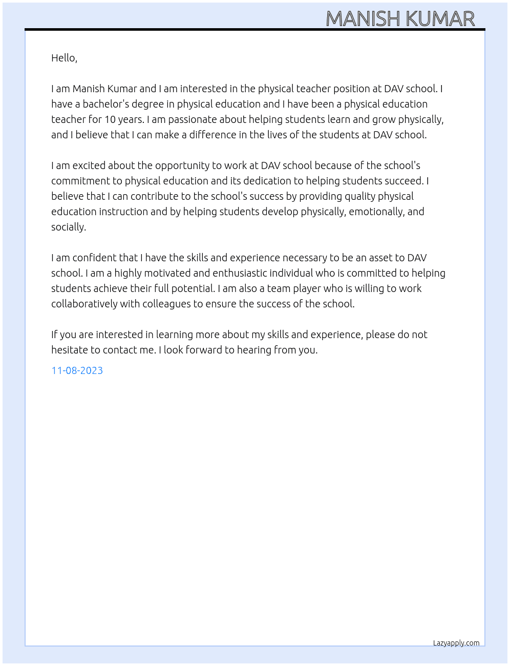 physical teacher At DAV school  Cover Letter