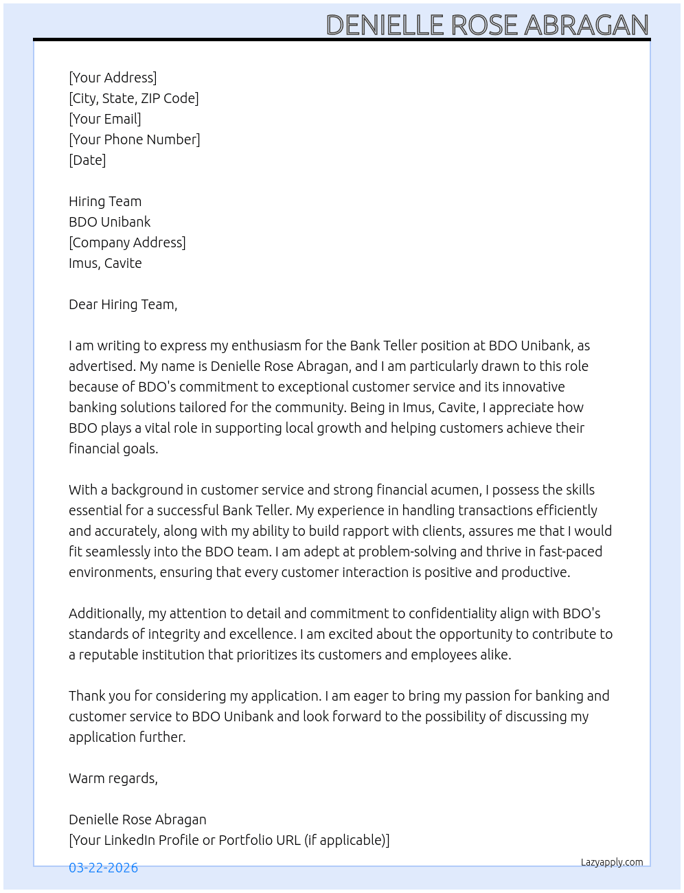 Bank Teller At BDO Unibank Cover Letter