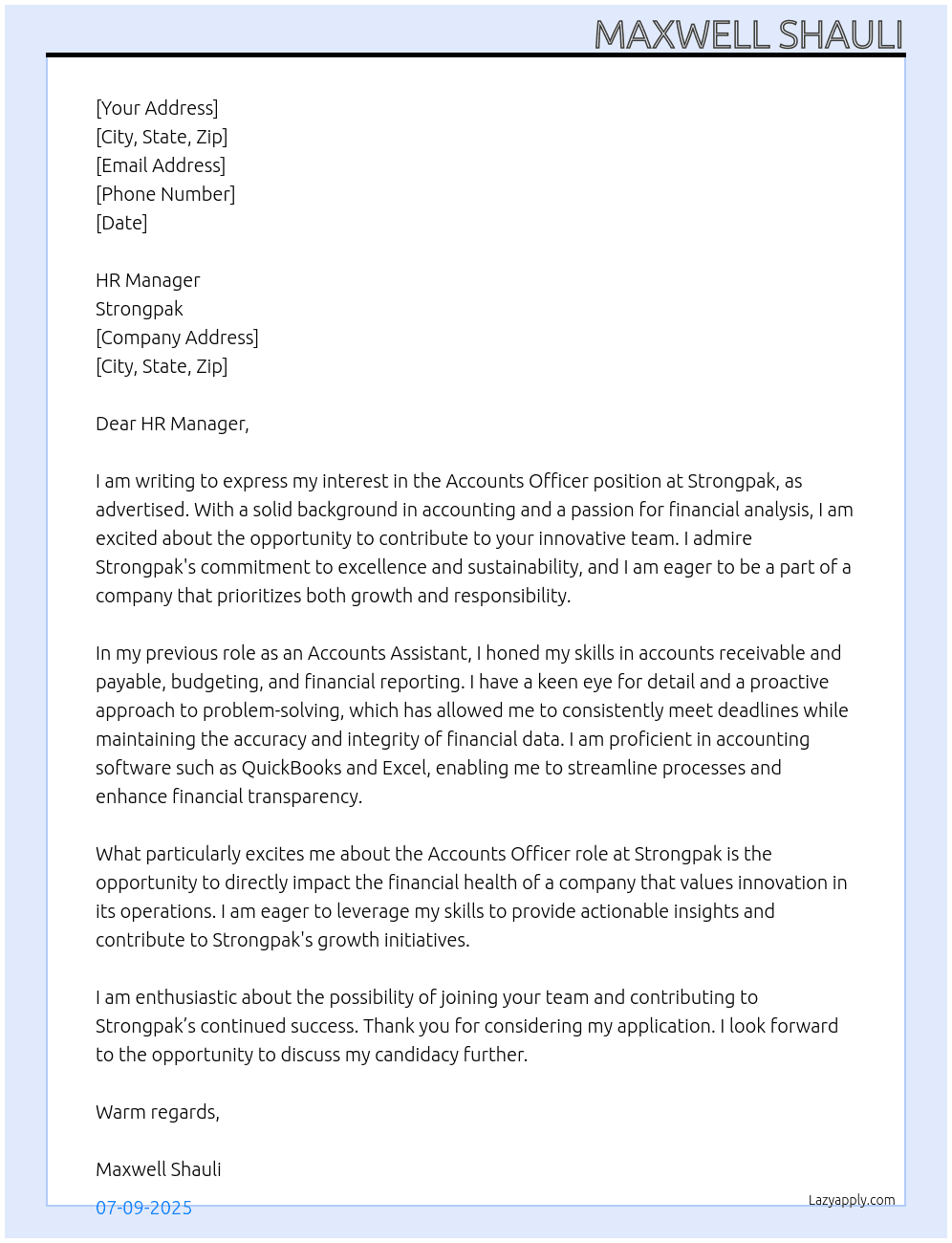 Accounts Officer At Strongpak Cover Letter