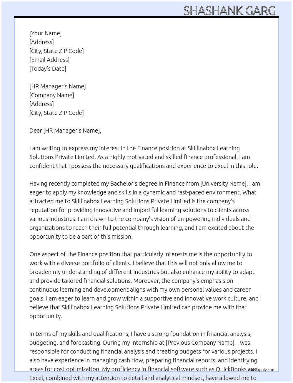 finance At Skillinabox Learning Solutions Private Limited Cover Letter