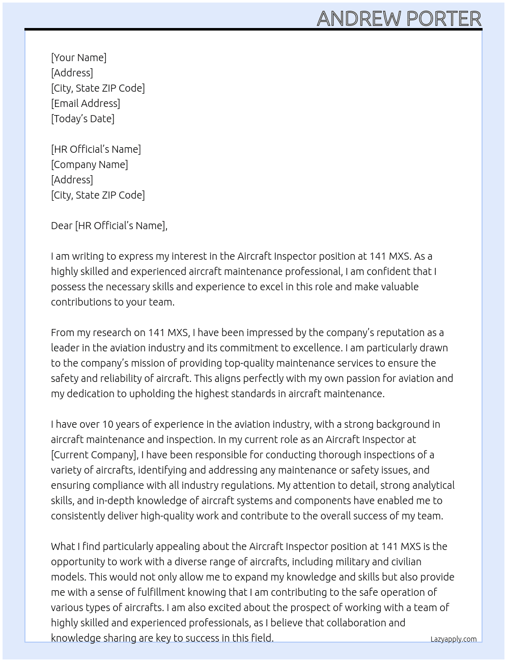 Aircraft Inspector At 141 MXS Cover Letter