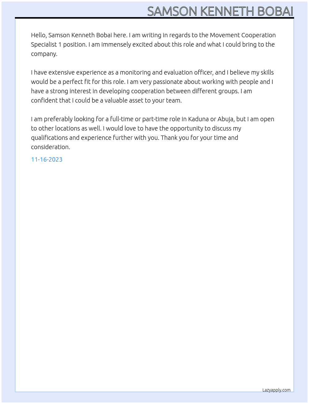 Movement Cooperation Specialist 1  At Movement Cooperation Specialist 1  Cover Letter