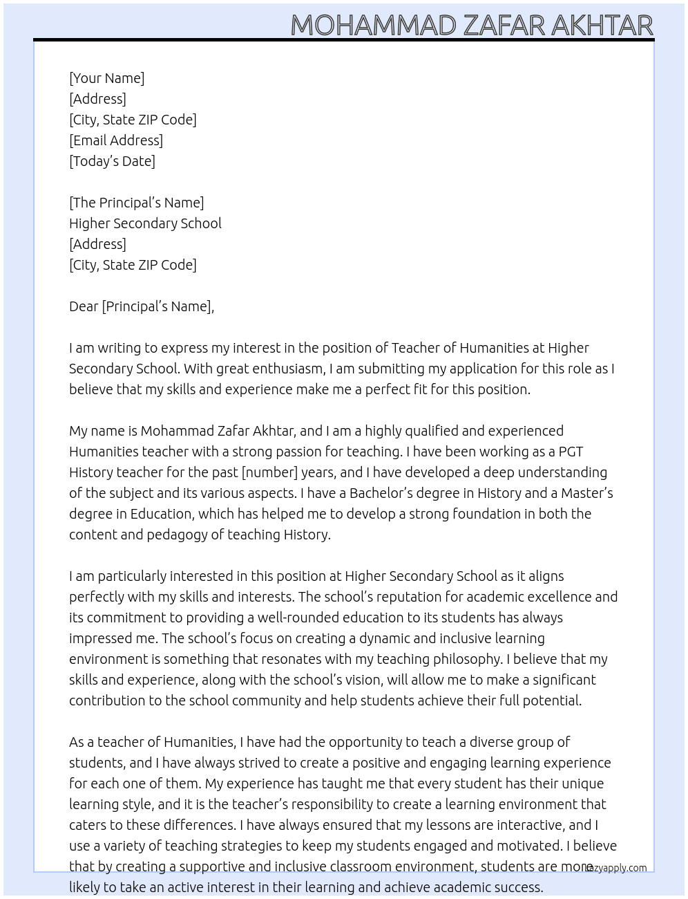 Teacher of Humanities  At Higher Secondary School Cover Letter
