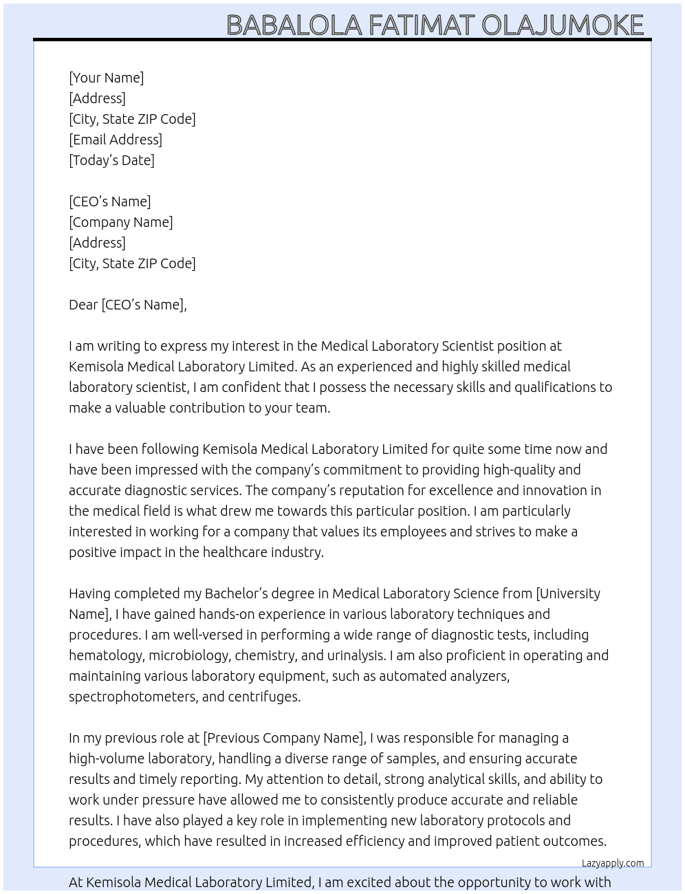 Medical laboratory scientist  At Kemisola Medical Laboratory Limited  Cover Letter