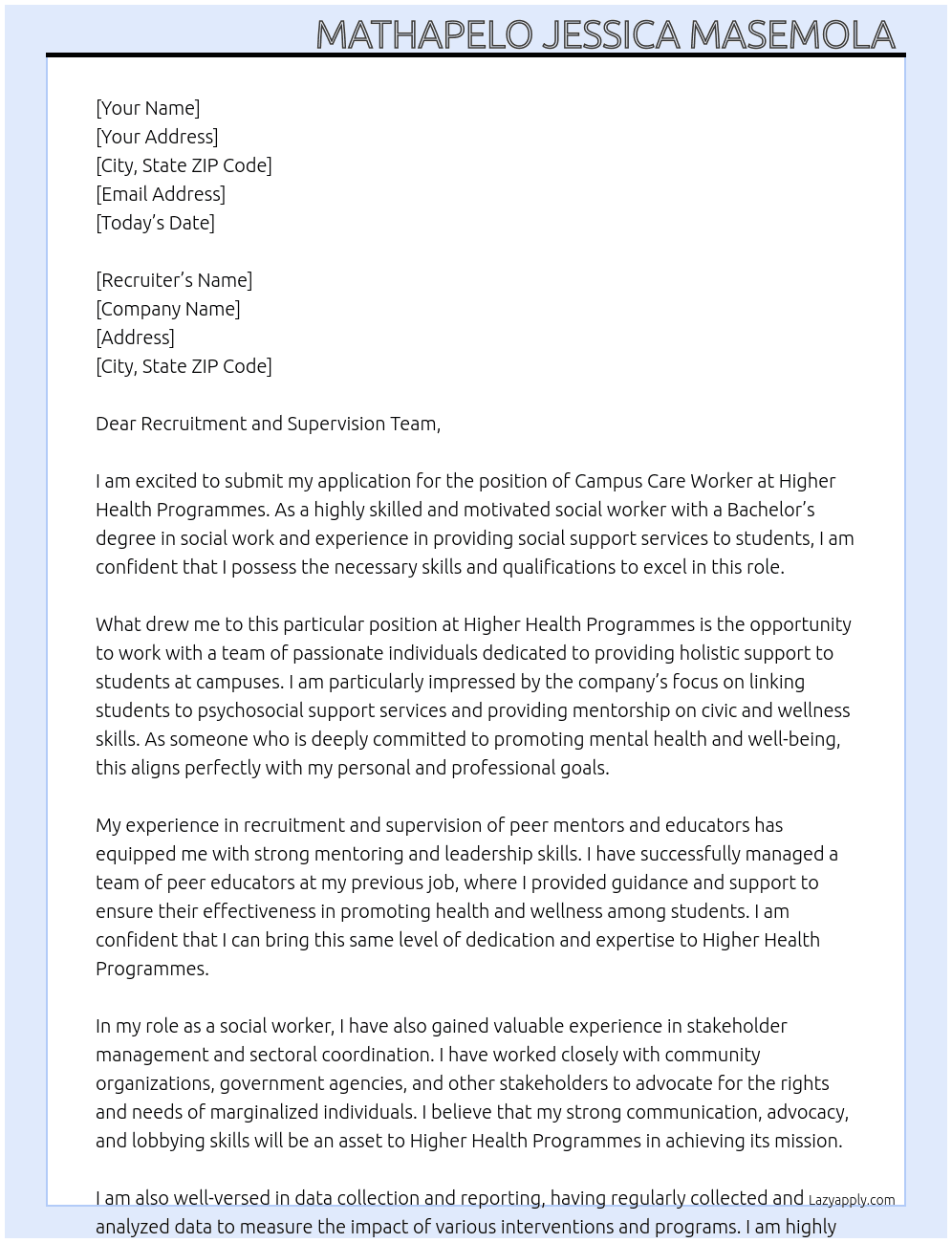 Campus Care Worker  At Higher health Programmes  Cover Letter