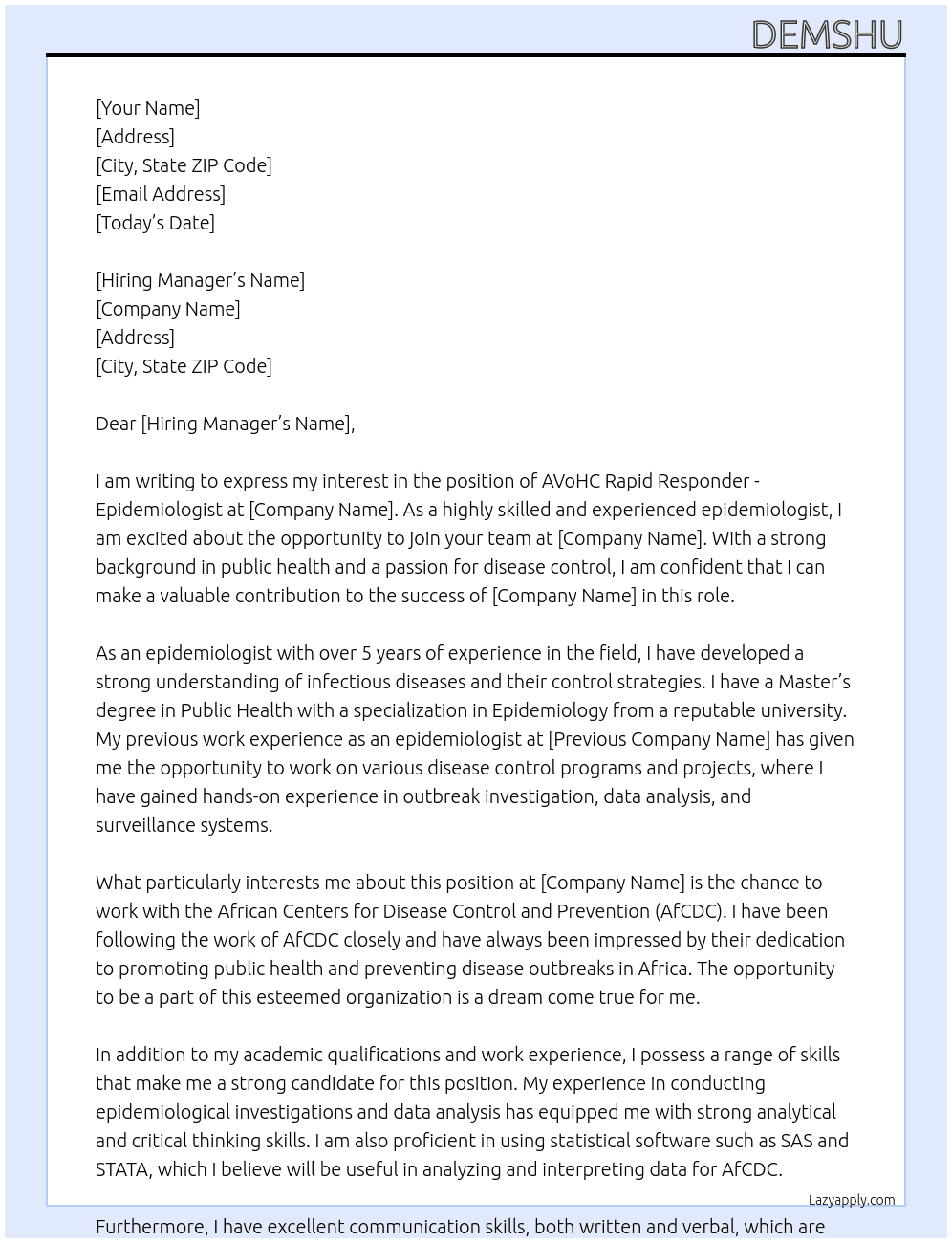  AVoHC Rapid Responder - Epidemiologist. (AfCDC) At AFCDC Cover Letter