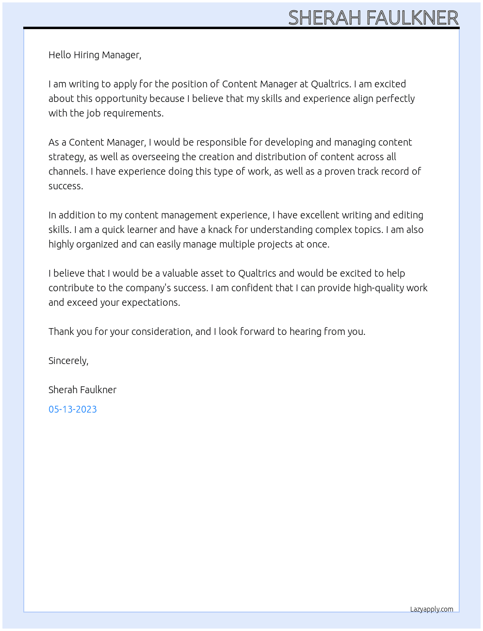 Content Manager At Qualtrics Cover Letter
