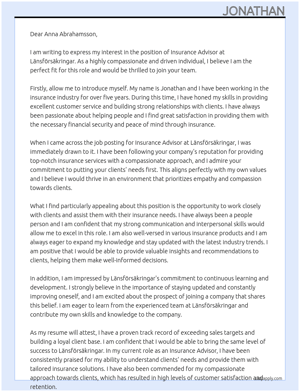 Insurance Advisor At Länsförsäkringar Cover Letter