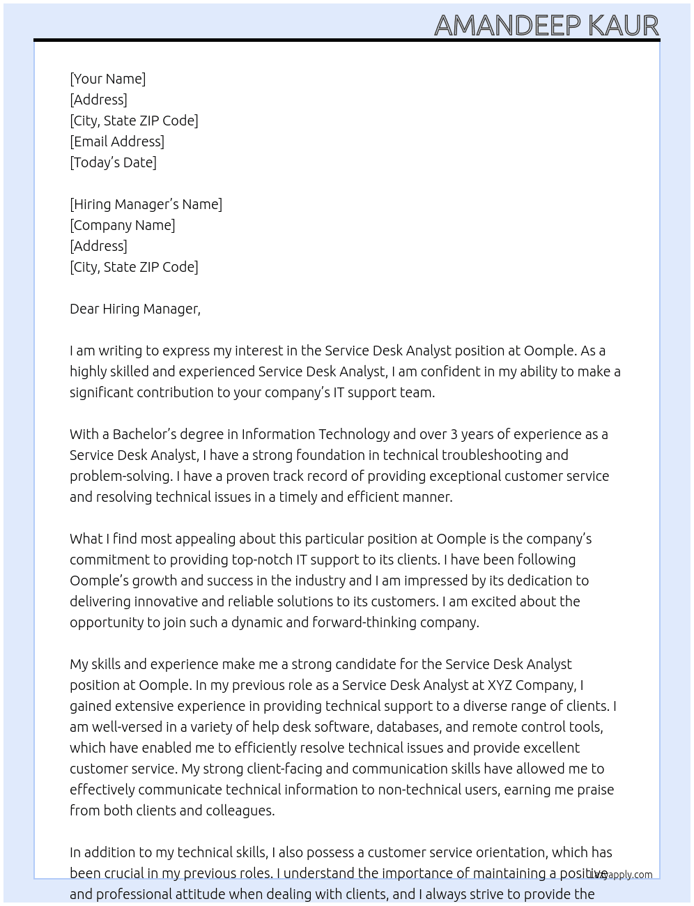 Service Desk Analyst At Oomple Cover Letter