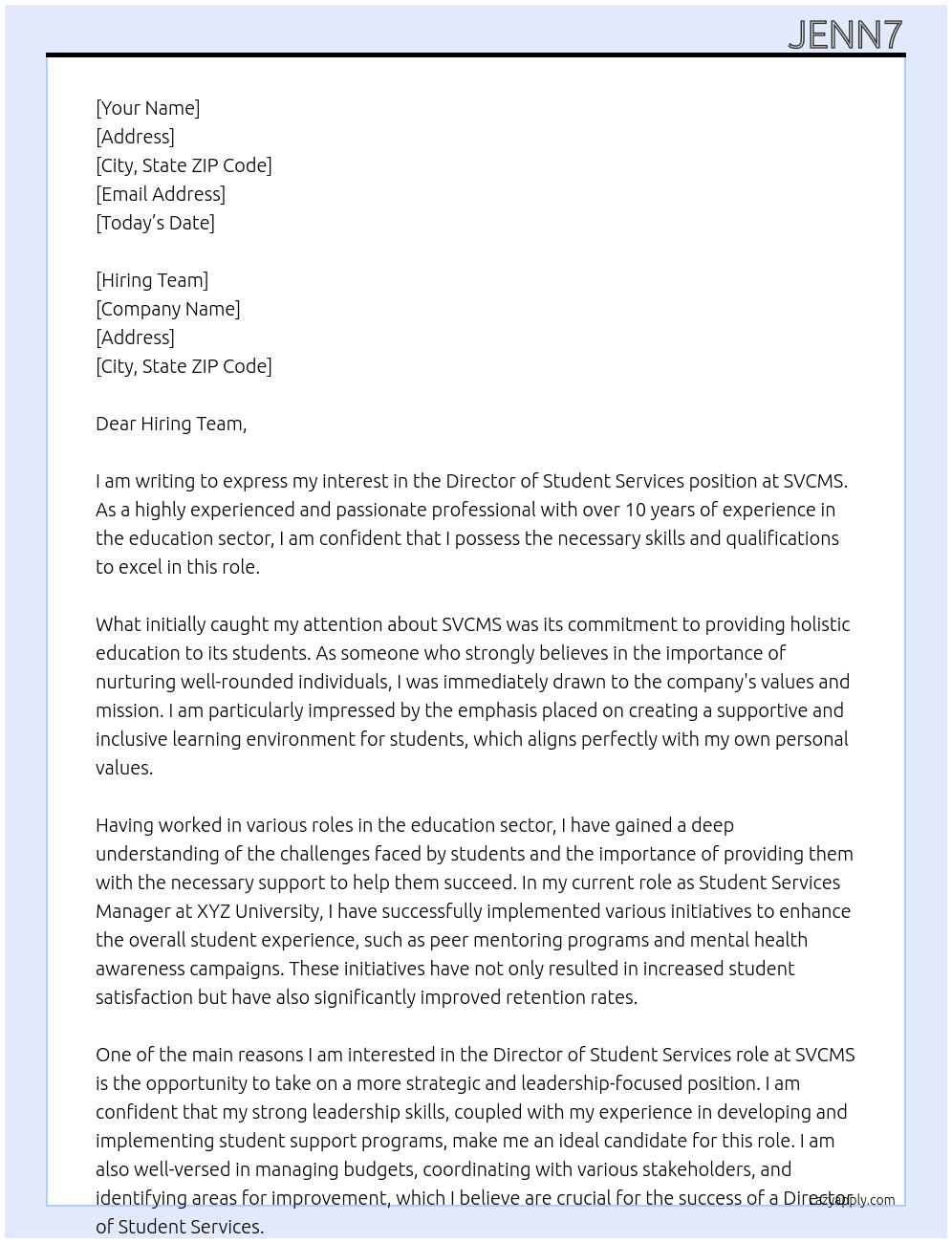 Director Of Student Services At SVCMS Cover Letter