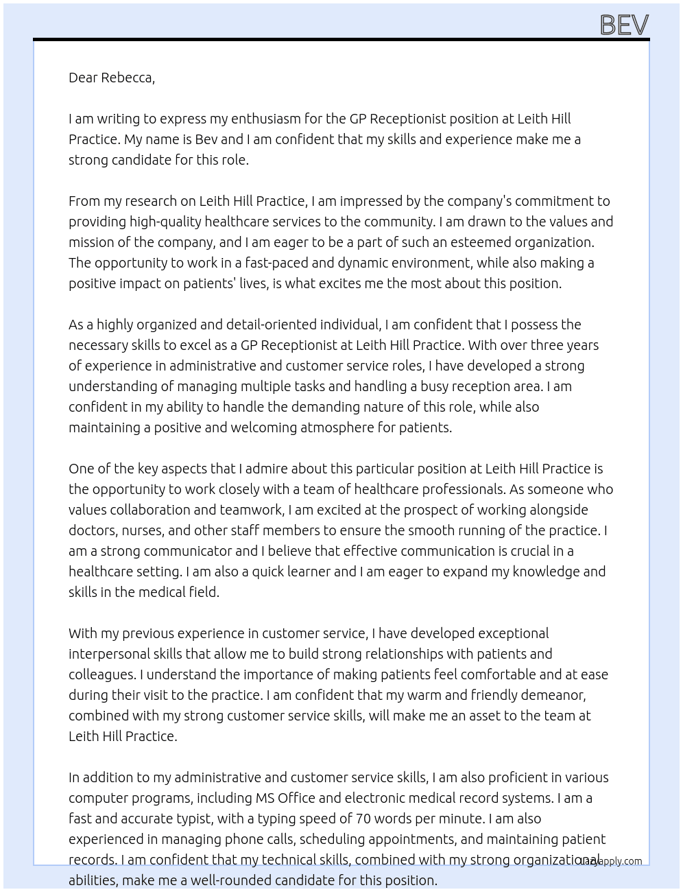 GP Receptionist At Leith Hill Practice Cover Letter