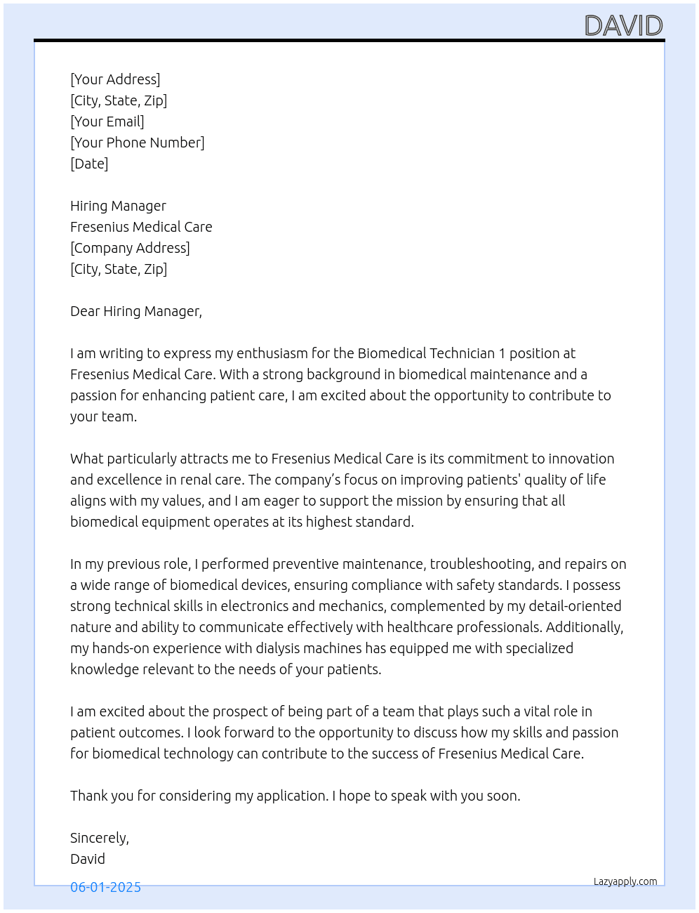 Biomedical Technician 1 At Fresenius Medical Care Cover Letter