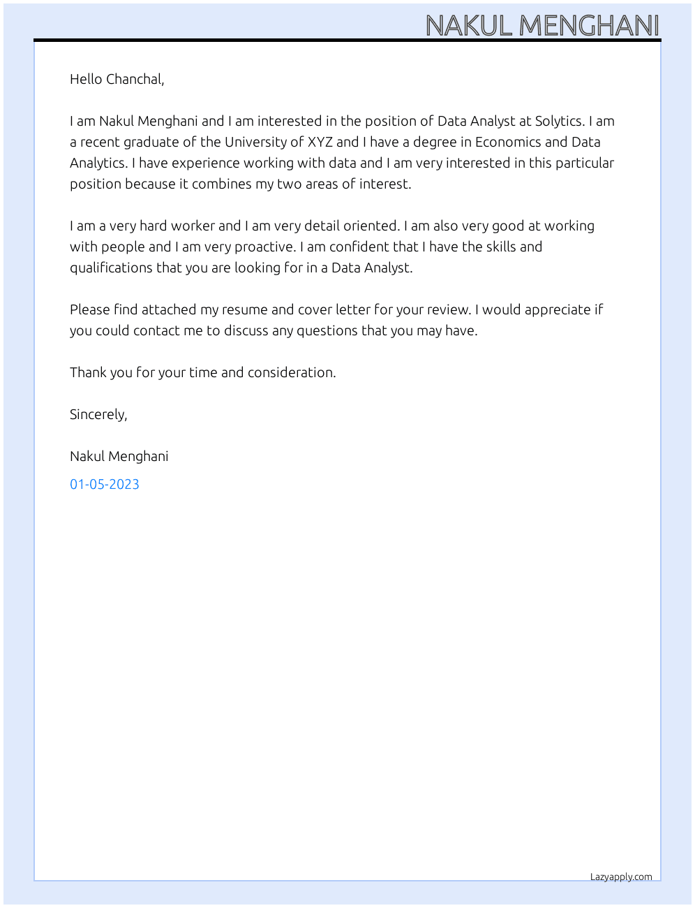 Data Analyst At Solytics Cover Letter