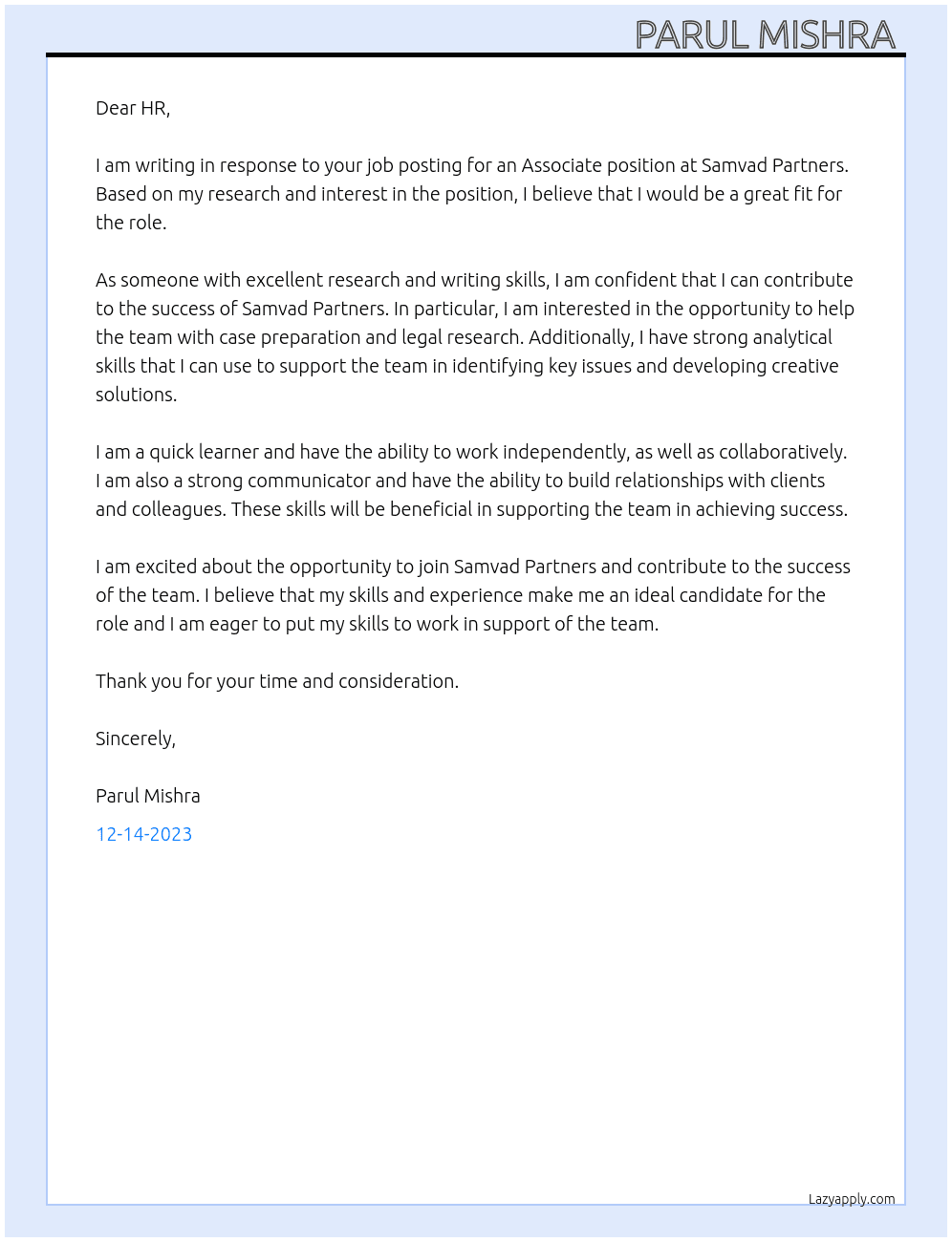Associate  At Samvad partners  Cover Letter