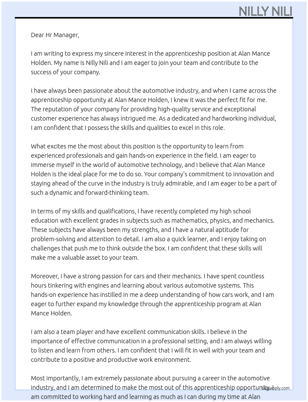 apprenticeship  At Alan Mance Holden Cover Letter